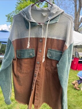 Colorblock Corduroy Hooded Shirt Jacket - Rust, Sage & Heather Gray
